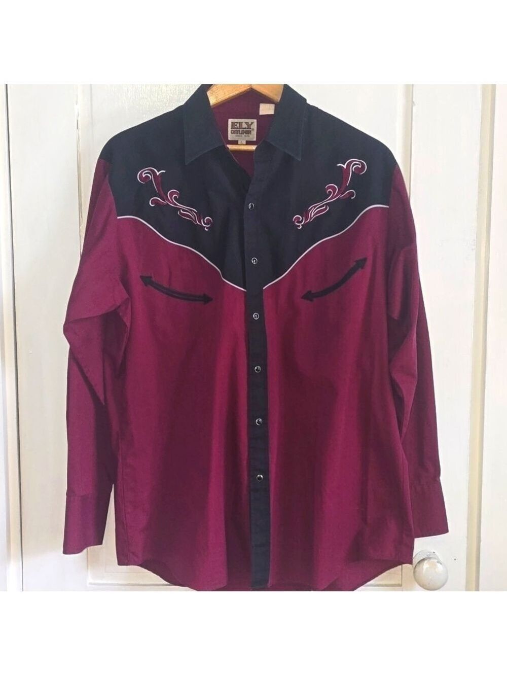 Men's Vintage ELY Cattleman Scroll Embroidered Enamel Snap Button Front Shirt L